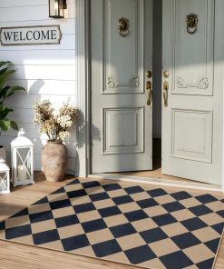 Lahome Colette Checkered Easy Jute 3x5 Outdoor Patio Rug. Washable Rugs for Entryway Diamond Indoor Outdoor Living Room Carpet. Farmhouse Neutral Non Slip Black Door Carpet for Backyard Bedroom