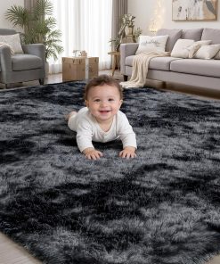 8x10 Area Rugs for Living Room Bedroom: Black Grey Soft Fluffy Shag Upgrade Non-Slip High Pile Carpet Large Fuzzy Plush Indoor Floor Decor Shaggy Rug for Kid Boys Girls Playroom Nursery Modern Home